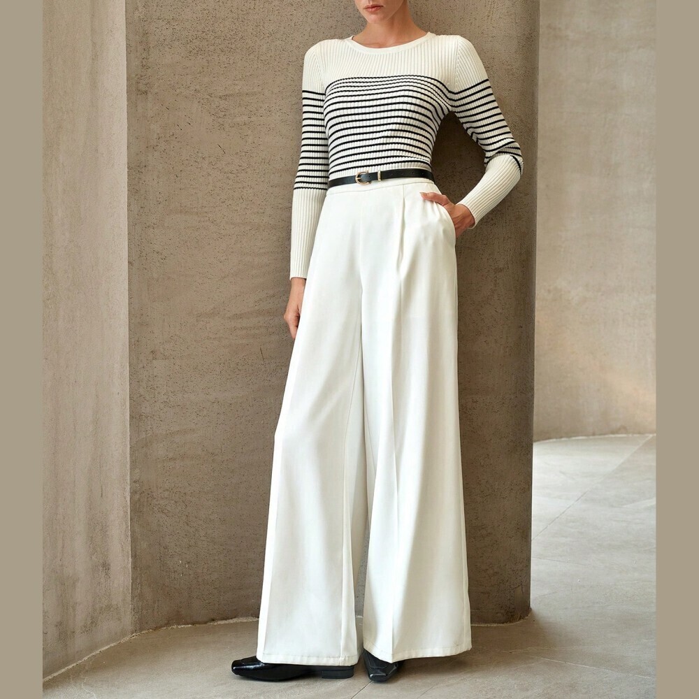 Cream Ribbed Knit Black Striped Crew Neck Sweater - Picture 7 of 8